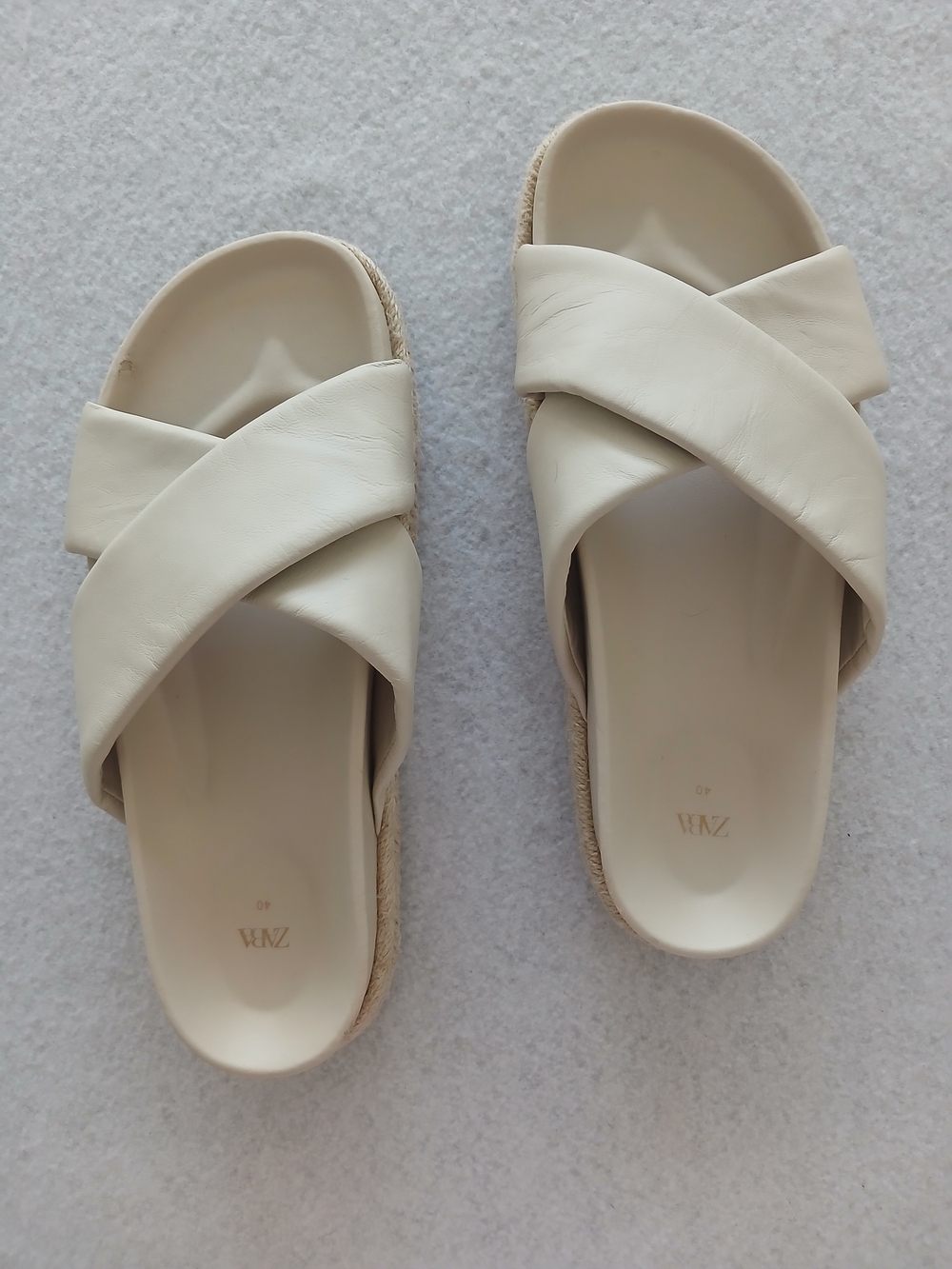 Zara Leather Crisscross Strap Jute Wrapped Slide Sandals In Beige